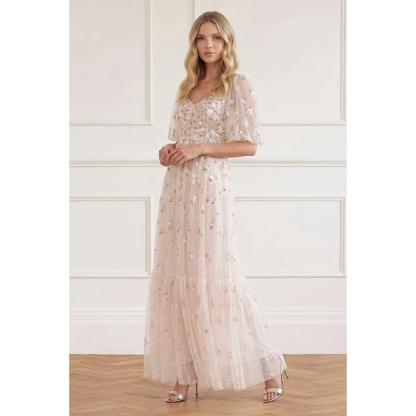 Needle and Thread Meadow Ditsy Sweetheart Ankle Gown in Cream/Peach, view 2