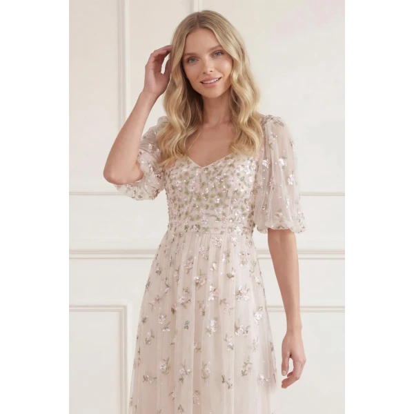 Needle and Thread Meadow Ditsy Sweetheart Ankle Gown in Cream/Peach, view 3