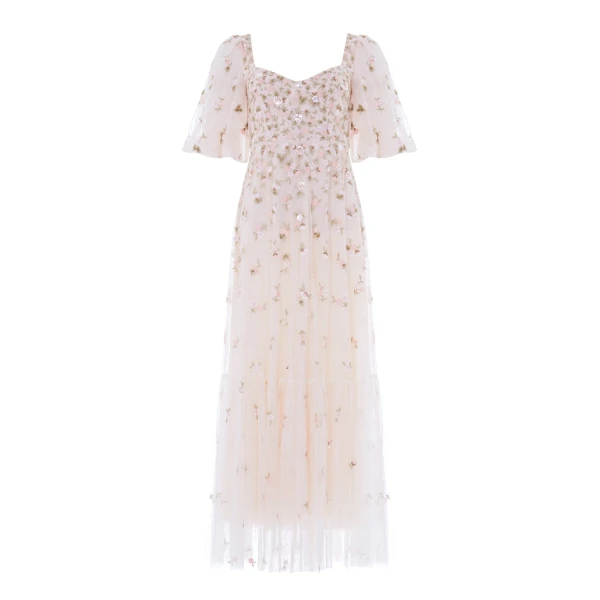 Needle and Thread Meadow Ditsy Sweetheart Ankle Gown in Cream/Peach