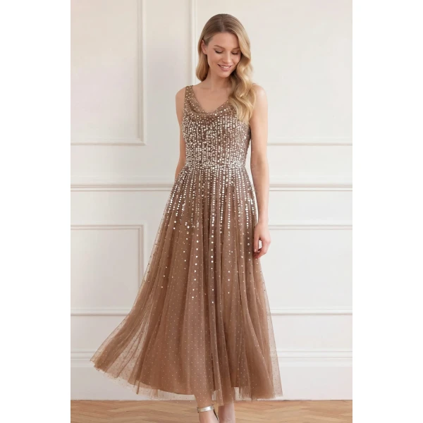 Needle and Thread Moonlight Sequin Cowl Neck Ankle Gown in Cocoa/Tawny, view 2