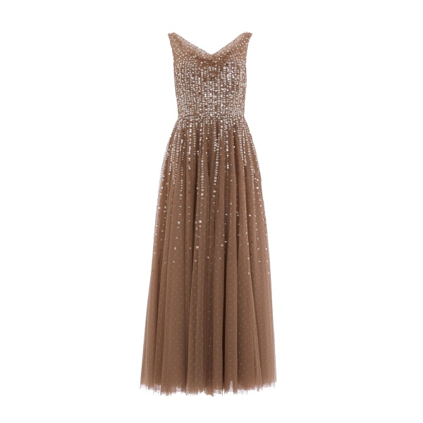 Needle and Thread Moonlight Sequin Cowl Neck Ankle Gown in Cocoa/Tawny