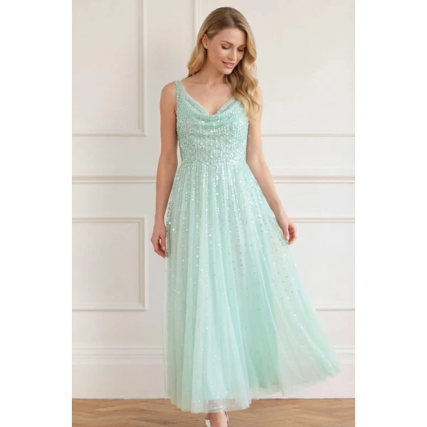 Needle and Thread Moonlight Sequin Cowl Neck Ankle Gown in Soft Mint, view 2