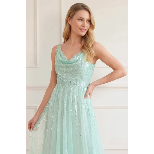Needle and Thread Moonlight Sequin Cowl Neck Ankle Gown in Soft Mint, view 3