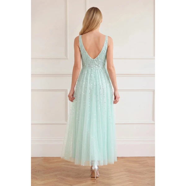 Needle and Thread Moonlight Sequin Cowl Neck Ankle Gown in Soft Mint, view 5