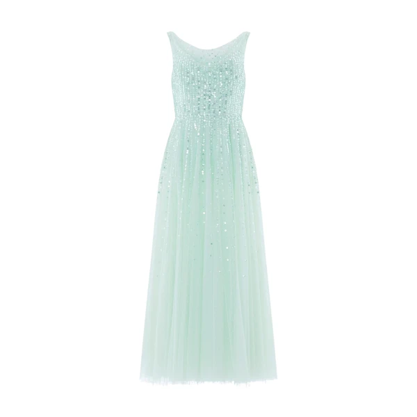 Needle and Thread Moonlight Sequin Cowl Neck Ankle Gown in Soft Mint