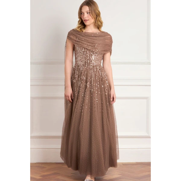 Needle and Thread Moonlight Sequin Draped Gown in Cocoa/Tawny, view 3
