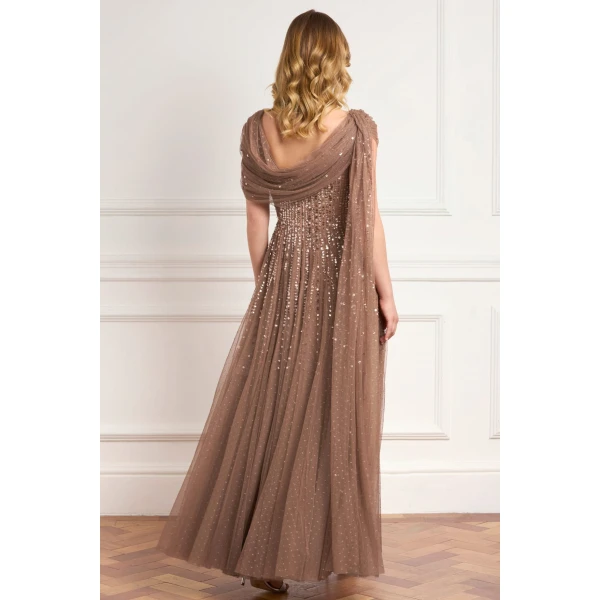 Needle and Thread Moonlight Sequin Draped Gown in Cocoa/Tawny, view 4