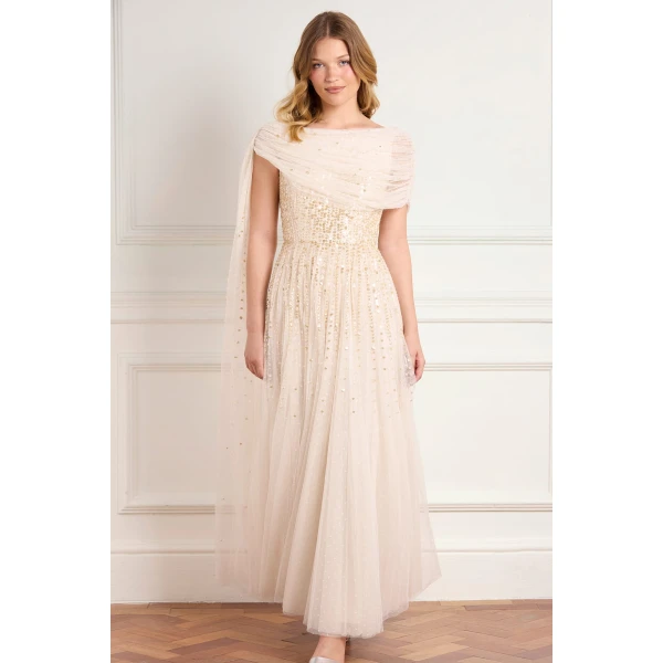 Needle and Thread Moonlight Sequin Draped Gown in Cream/Gold, view 3