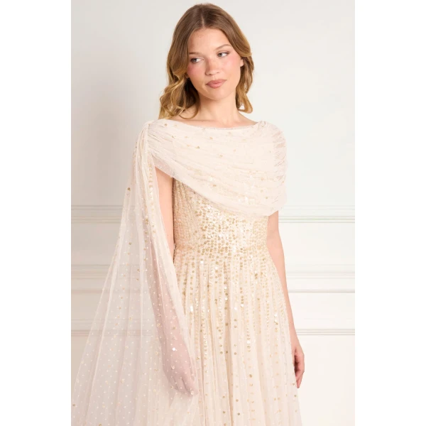 Needle and Thread Moonlight Sequin Draped Gown in Cream/Gold, view 4