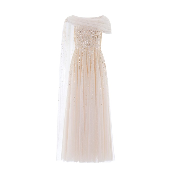 Needle and Thread Moonlight Sequin Draped Gown in Cream/Gold