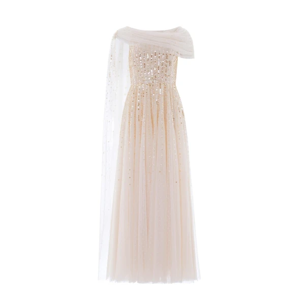 Needle and Thread Moonlight Sequin Draped Gown in Cream/Gold