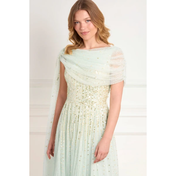 Needle and Thread Moonlight Sequin Draped Gown in Soft Mint/Gold, view 4