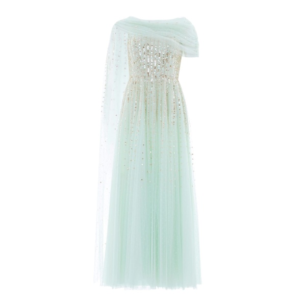 Needle and Thread Moonlight Sequin Draped Gown in Soft Mint/Gold