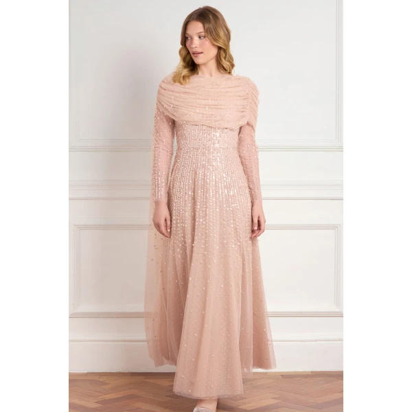 Needle and Thread Moonlight Sequin Draped Long Sleeve Gown in Biscuit, view 3