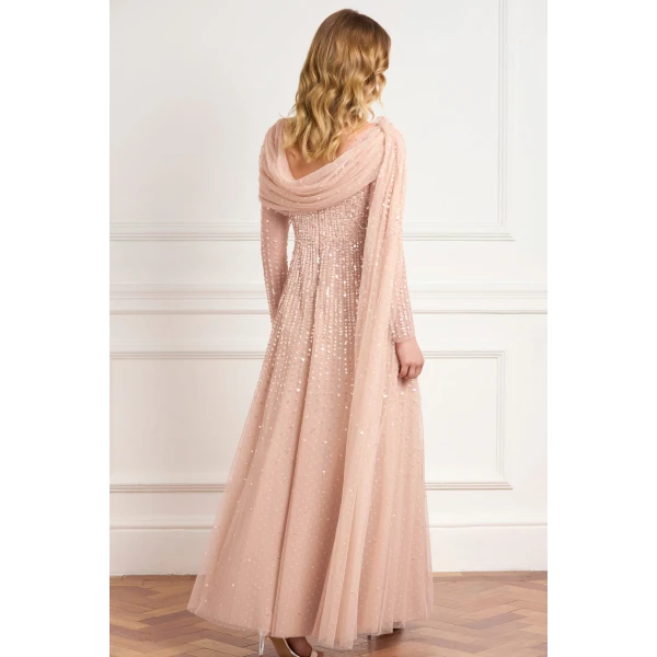 Needle and Thread Moonlight Sequin Draped Long Sleeve Gown in Biscuit, view 4
