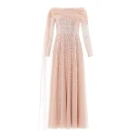 Needle and Thread Moonlight Sequin Draped Long Sleeve Gown in Biscuit