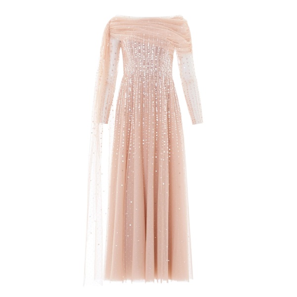 Needle and Thread Moonlight Sequin Draped Long Sleeve Gown in Biscuit