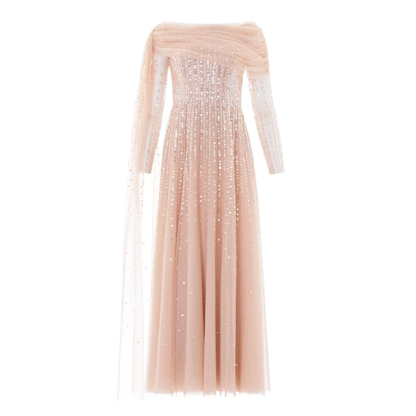 Needle and Thread Moonlight Sequin Draped Long Sleeve Gown in Biscuit