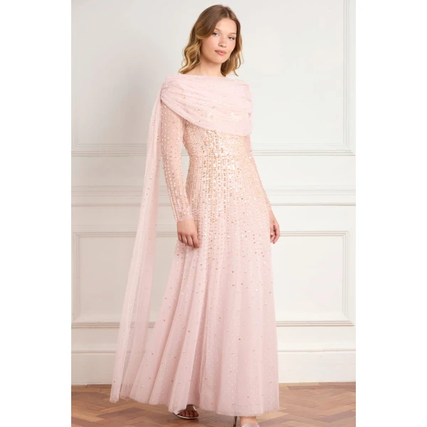 Needle and Thread Moonlight Sequin Draped Long Sleeve Gown in Shell/Gold, view 2