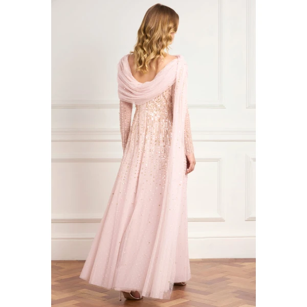 Needle and Thread Moonlight Sequin Draped Long Sleeve Gown in Shell/Gold, view 3