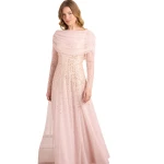 Needle and Thread Moonlight Sequin Draped Long Sleeve Gown in Shell/Gold