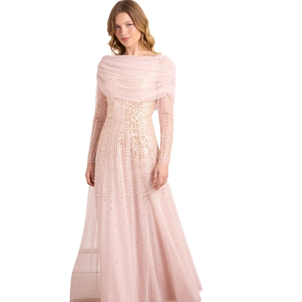 Needle and Thread Moonlight Sequin Draped Long Sleeve Gown in Shell/Gold