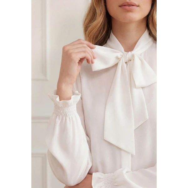 Needle and Thread Pussy Bow Blouse in Chalk, view 3