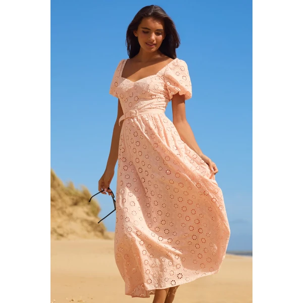Needle and Thread Romilly Cotton Broderie Ankle Gown in Pale Pink/White, view 2