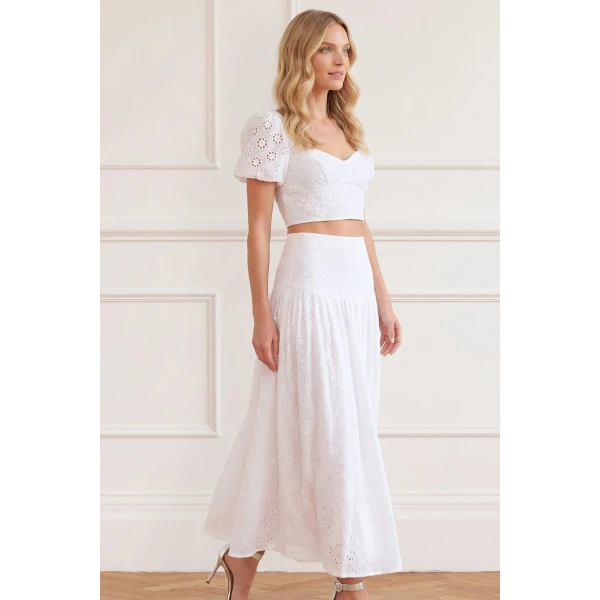 Needle and Thread Romilly Cotton Broderie Ankle Skirt in Optic White, view 2
