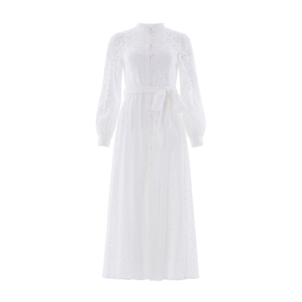 Needle and Thread Romilly Cotton Broderie Long Sleeve Shirt Dress in Optic White