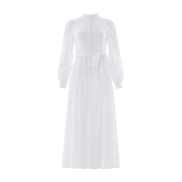 Needle and Thread Romilly Cotton Broderie Long Sleeve Shirt Dress in Optic White