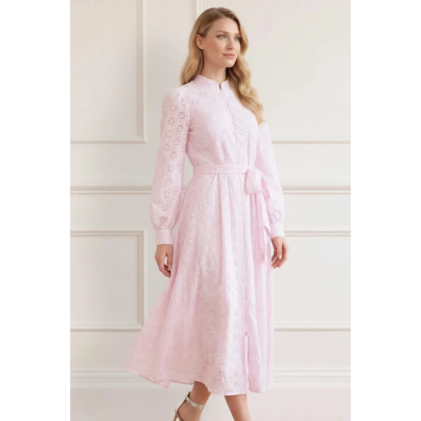 Needle and Thread Romilly Cotton Broderie Long Sleeve Shirt Dress in Shell, view 3