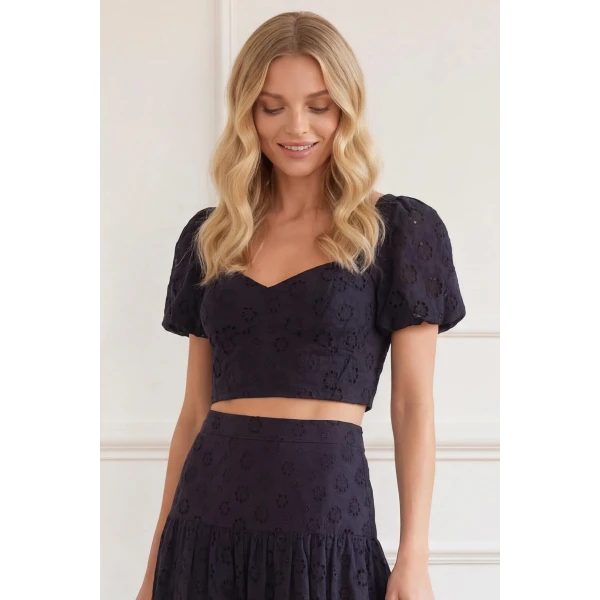 Needle and Thread Romilly Cotton Broderie Top in Jet Black, view 2