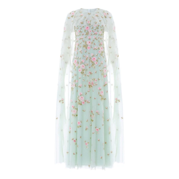 Needle and Thread Rose Bloom Cape Gown in Sea Mist