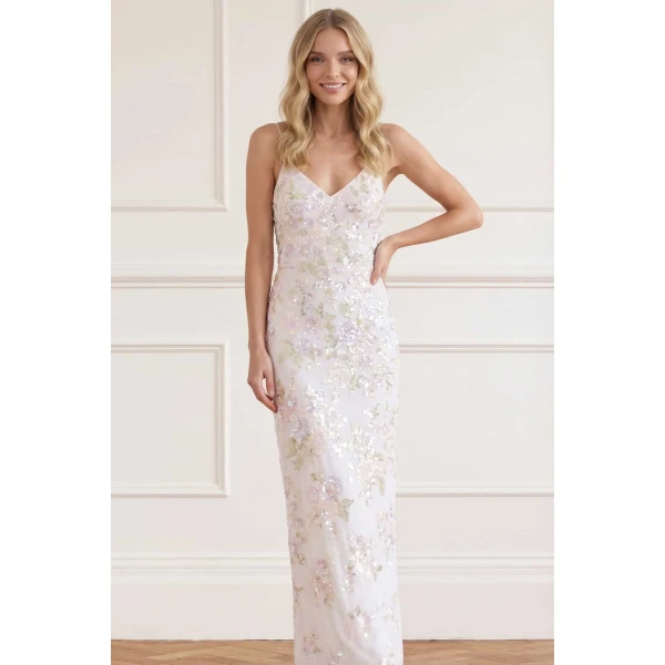 Needle and Thread Sequin Paradise Georgette Cami Gown in Swan White/Multi, view 3