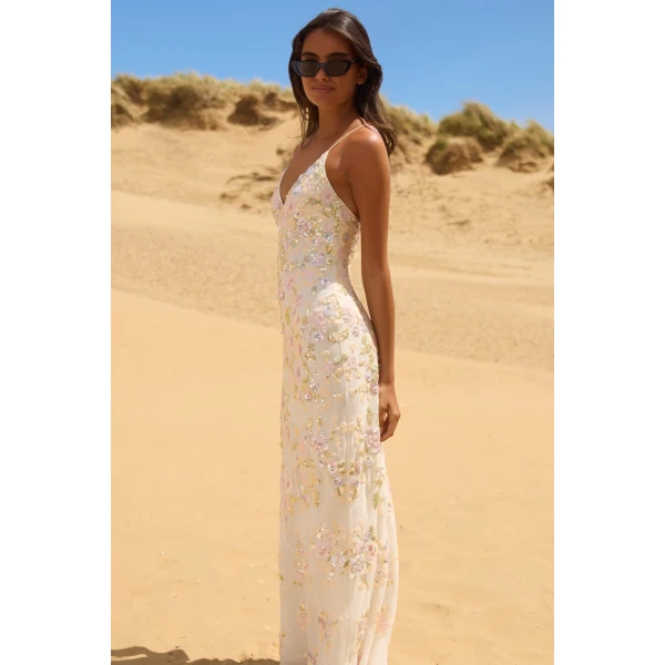 Needle and Thread Sequin Paradise Georgette Cami Gown in Swan White/Multi, view 6