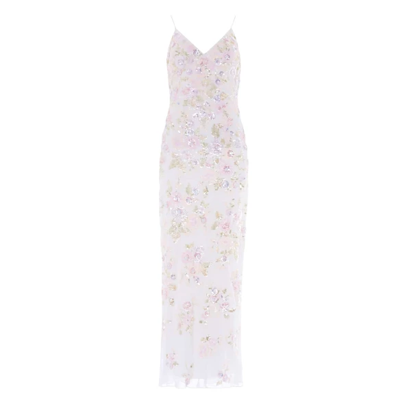 Needle and Thread Sequin Paradise Georgette Cami Gown in Swan White/Multi