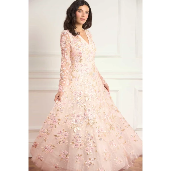Needle and Thread Sequin Paradise V-Neck Gown in Opal/Multi, view 3