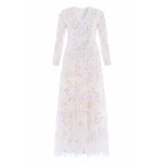 Needle and Thread Sequin Paradise V-Neck Gown in Swan White/Multi