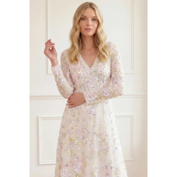 Needle and Thread Sequin Paradise V-Neck Gown in Swan White/Multi, view 3