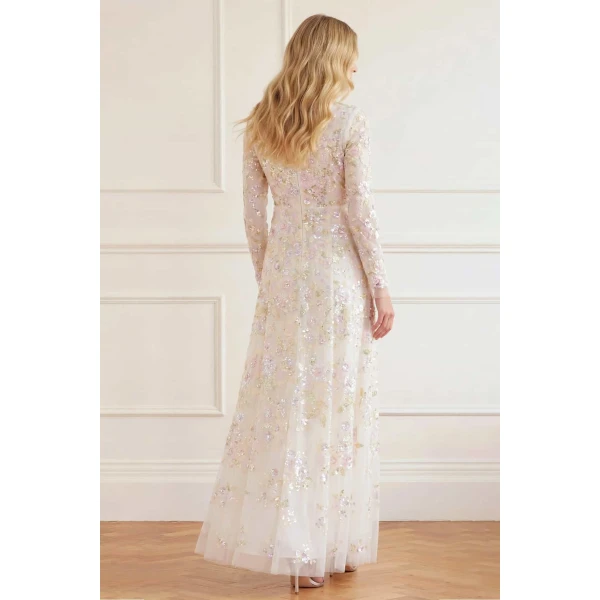 Needle and Thread Sequin Paradise V-Neck Gown in Swan White/Multi, view 4