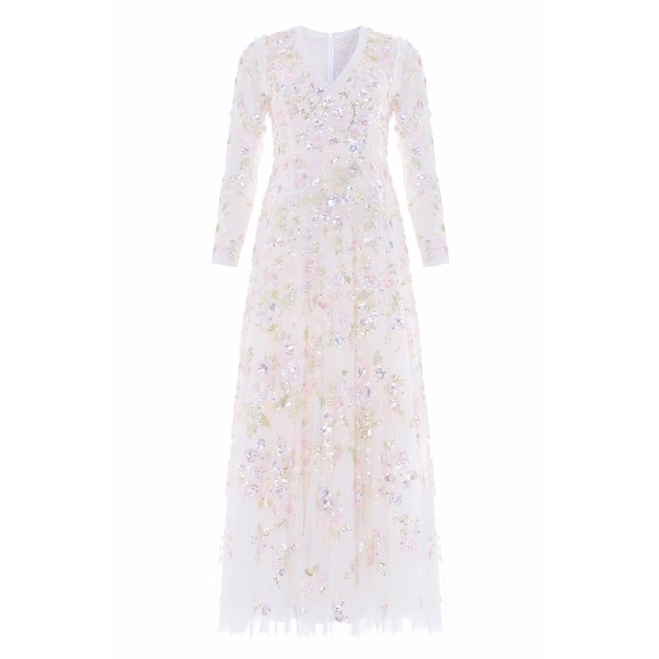 Needle and Thread Sequin Paradise V-Neck Gown in Swan White/Multi