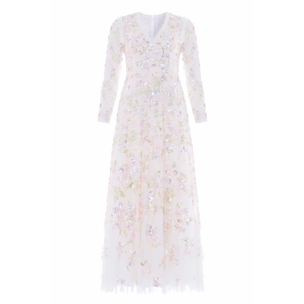 Needle and Thread Sequin Paradise V-Neck Gown in Swan White/Multi
