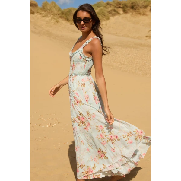 Needle and Thread Summer’s Rose Chiffon Smocked Cami Ankle Gown in Aqua, view 2