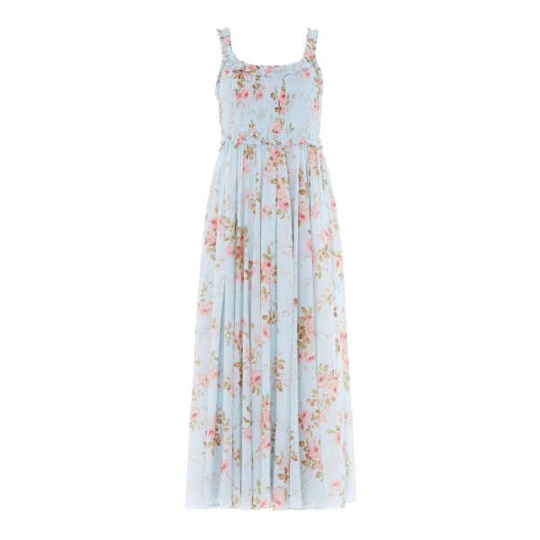 Needle and Thread Summer’s Rose Chiffon Smocked Cami Ankle Gown in Aqua