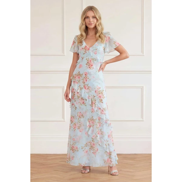 Needle and Thread Summer’s Rose Georgette V-Neck Gown in Aqua, view 2