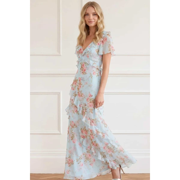 Needle and Thread Summer’s Rose Georgette V-Neck Gown in Aqua, view 3