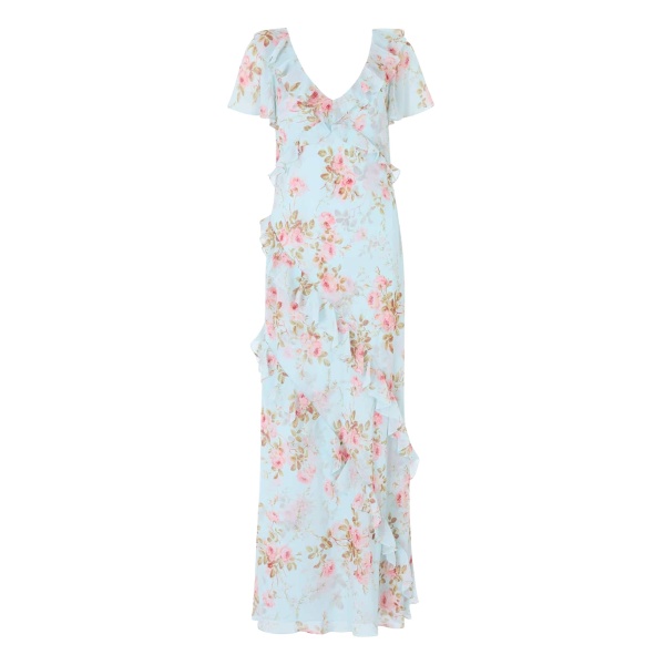 Needle and Thread Summer’s Rose Georgette V-Neck Gown in Aqua