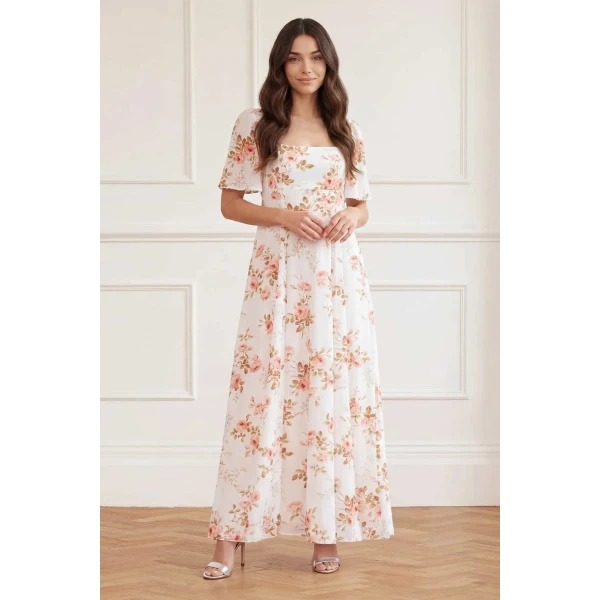 Needle and Thread Summer’s Rose Linen Blend Short Sleeve Ankle Gown in White, view 2
