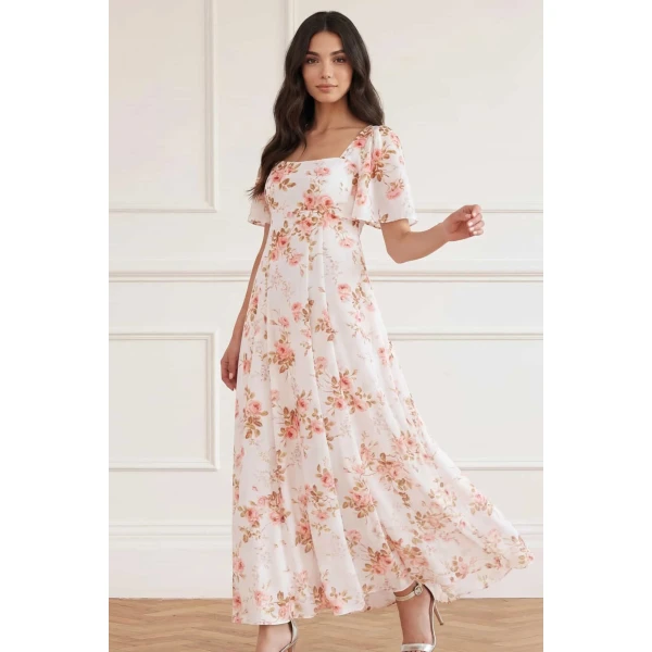 Needle and Thread Summer’s Rose Linen Blend Short Sleeve Ankle Gown in White, view 3
